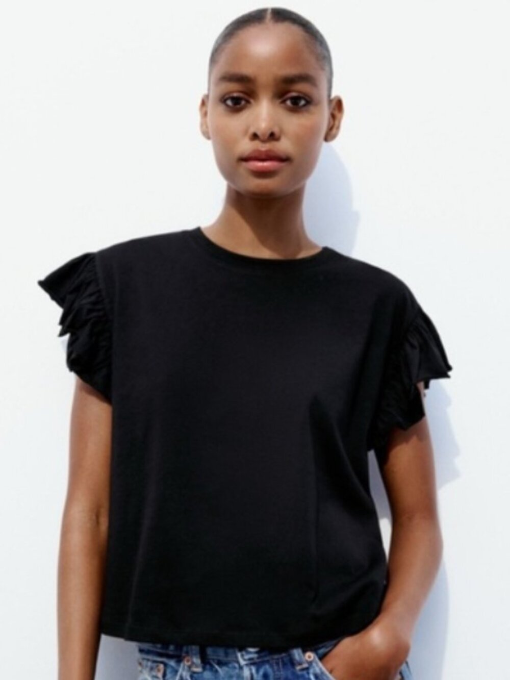 ZARA Black Ruffled Cotton Top SMALL